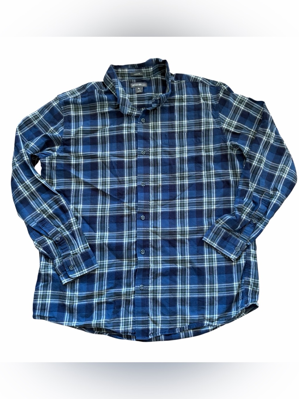 Eddie Bauer blue/grey plaid button-up cotton flannel shirt Sz XL